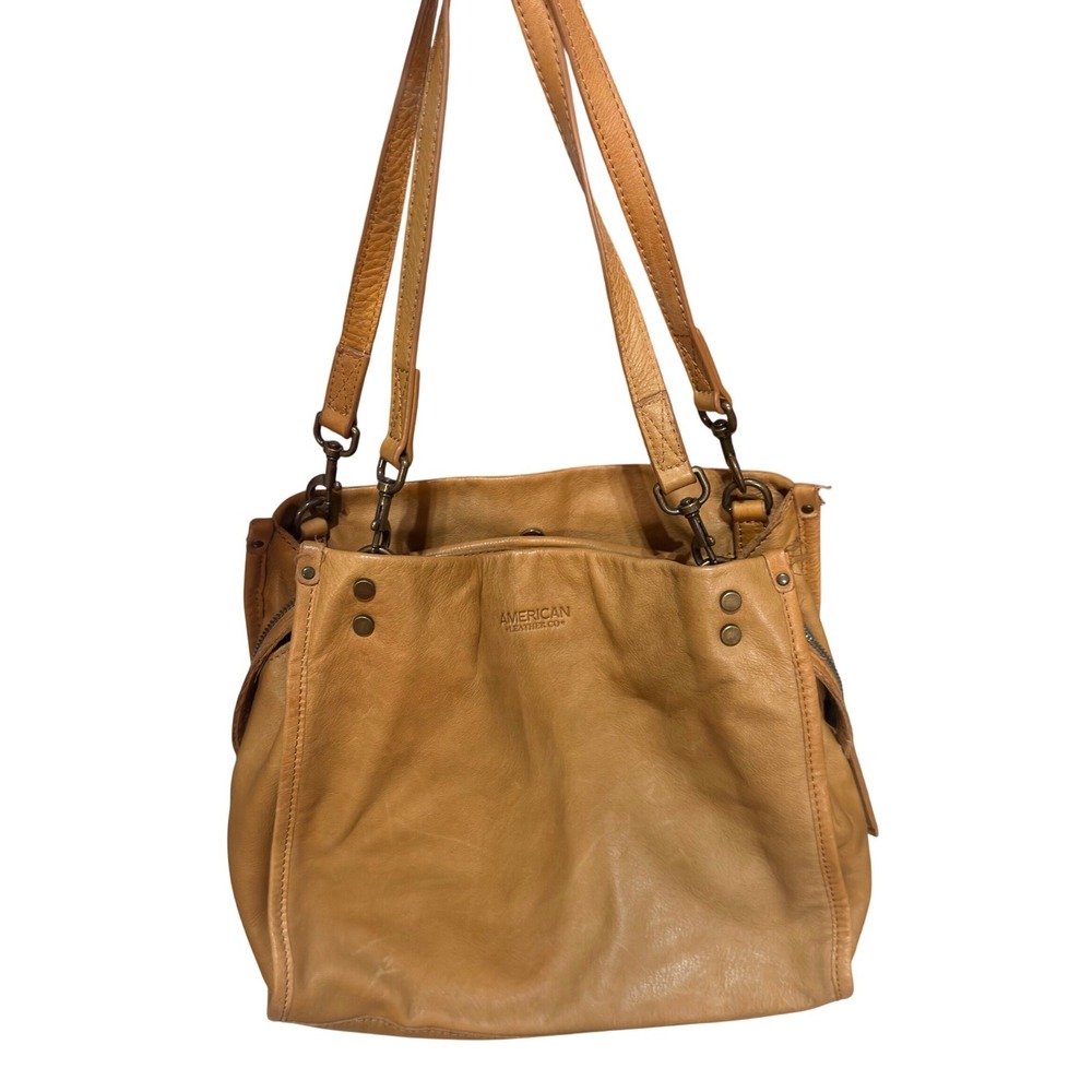 American Leather Co Tote Bag Womens Tan Leather Triple Compartment Boho